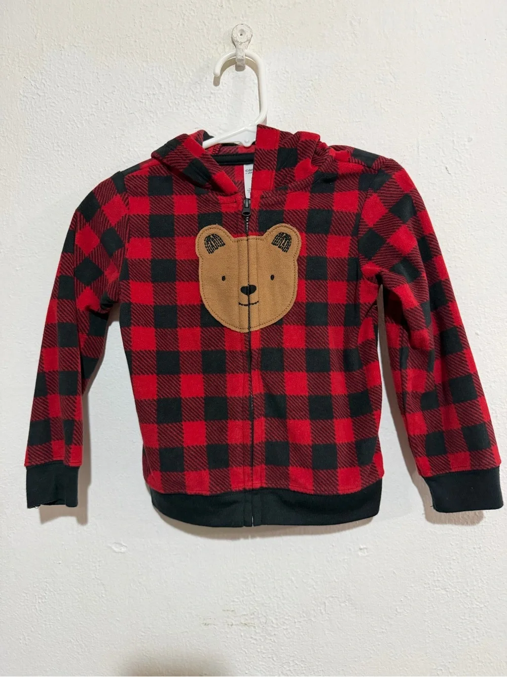 Red & Black Teddy Bear Plaid Hooded Zip-Up fleece